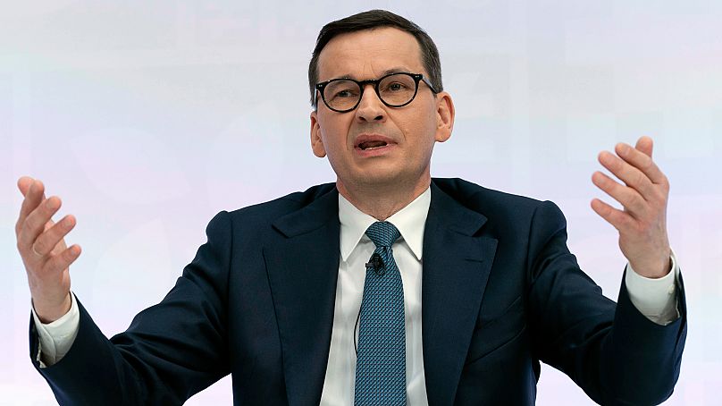 Premier Polski Mateusz Morawiecki przemawia na forum Debata o gospodarce globalnej podczas wiosennych spotkań Banku Światowego/MFW.