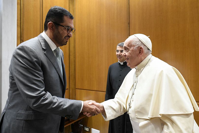 Papież Franciszek spotyka się z sułtanem Ahmedem Al Jaberem w Watykanie, 11 października 2023 r.