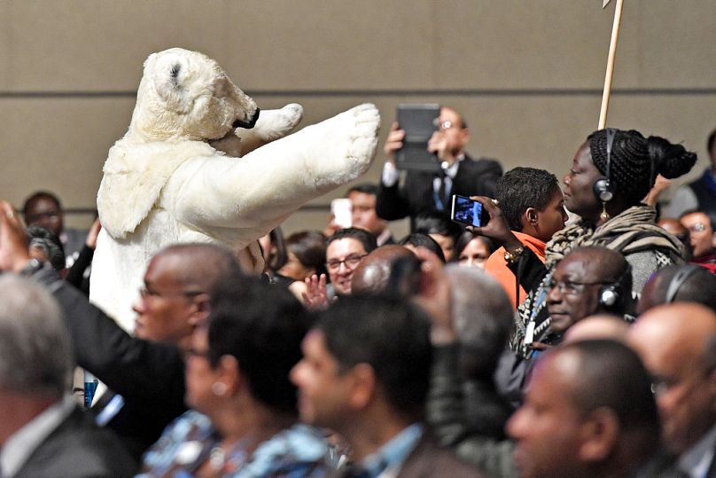 Mężczyzna w kostiumie niedźwiedzia polarnego spaceruje między delegatami podczas otwarcia konferencji ONZ w sprawie zmian klimatu COP 23 na Fidżi w Bonn, listopad 2017 r.