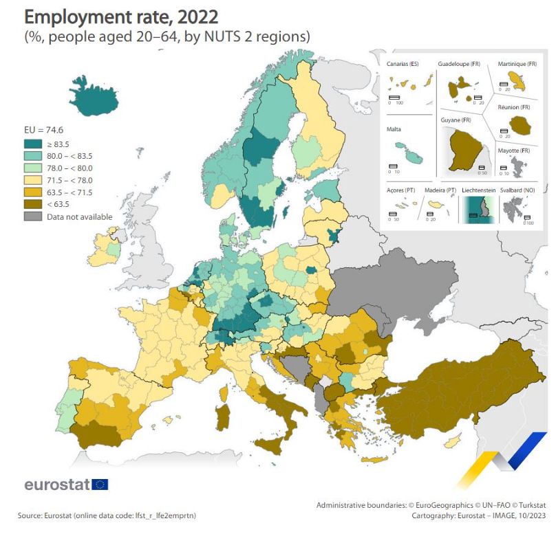 Wskaźnik zatrudnienia, regiony NUTS 2, 2022 r.