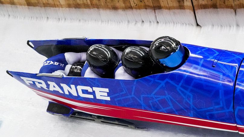 PLIK: Francja w 4-osobowym bobslejach, seria 3 na Zimowych Igrzyskach Olimpijskich 2022, niedziela, 20 lutego 2022 r., w dzielnicy Yanqing w Pekinie.