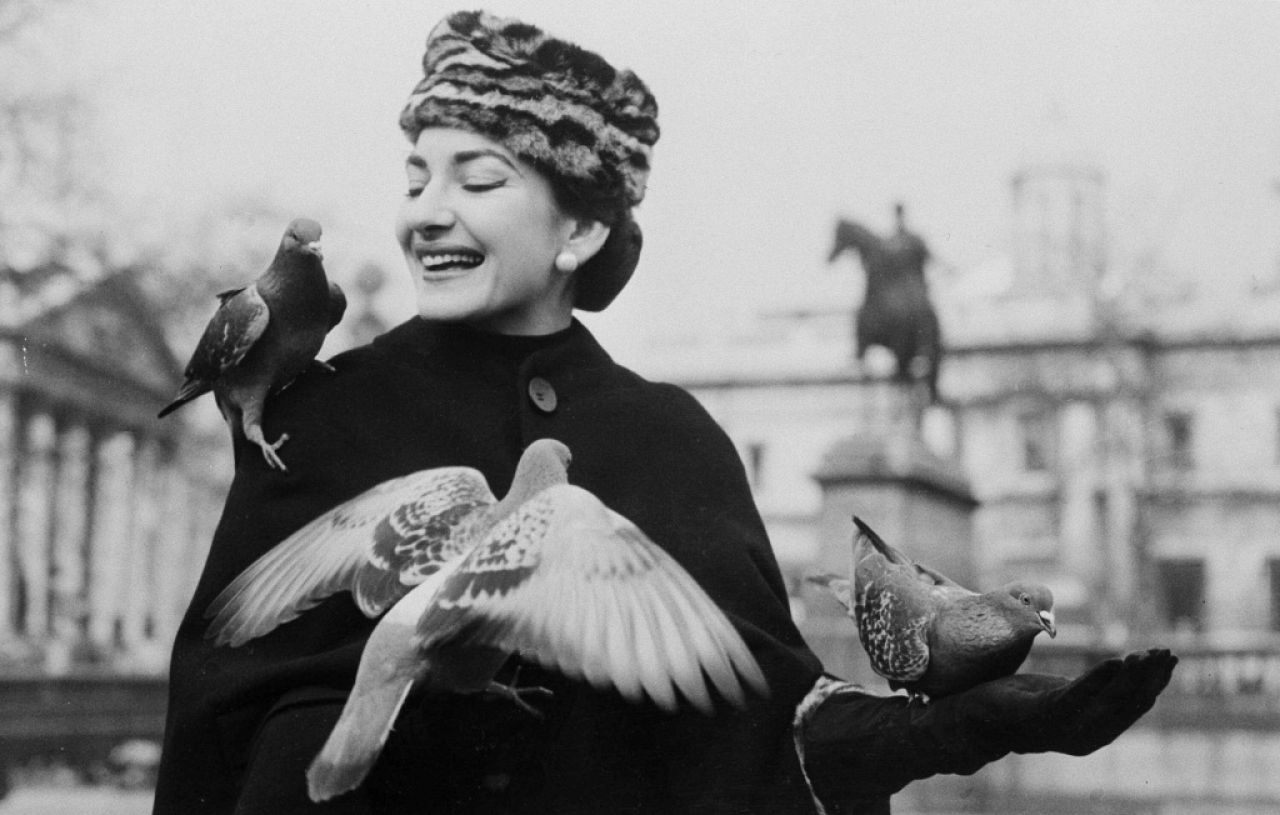 Sopranistka operowa Maria Callas trzyma i karmi gołębie na Trafalgar Square w Londynie, 4 lutego 1957 r.