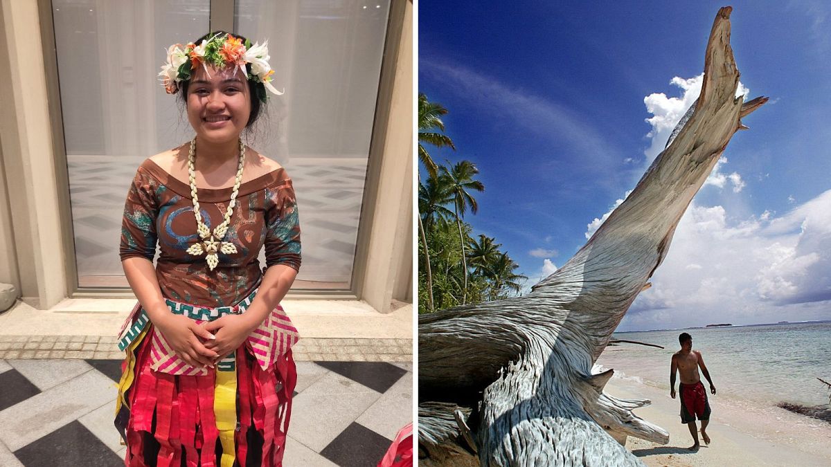 Kalita Titi Homasi at COP28, and a view of Funafuti atoll, Tuvalu, where sea level rise threatens people