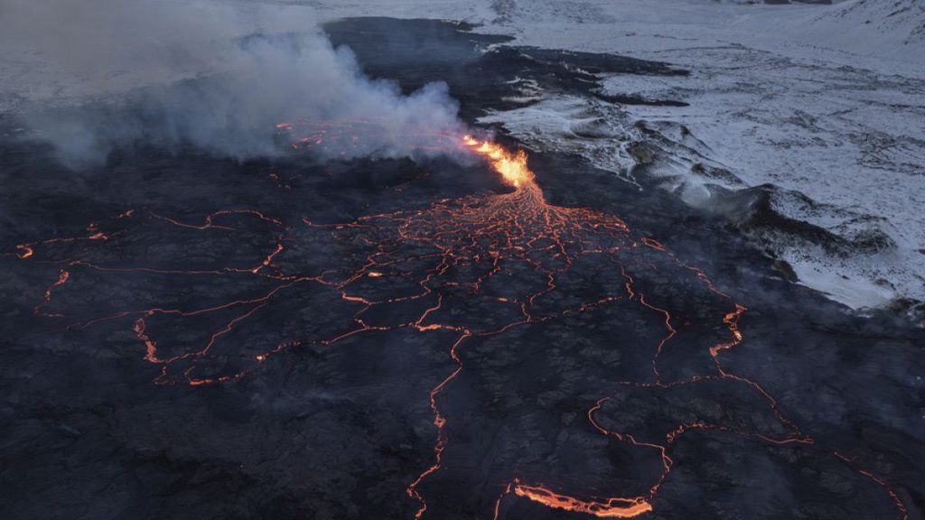 A view of the Southern active segment of the original fissure of an active volcano in Grindavik on Iceland