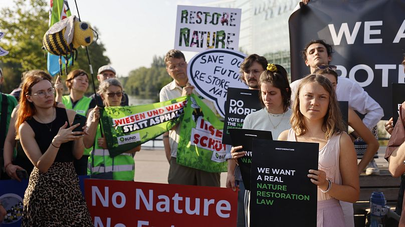 Szwedzka aktywistka klimatyczna Greta Thunberg i inni aktywiści biorą udział w demonstracji przed głosowaniem nad ustawą o przywracaniu przyrody, 11 lipca