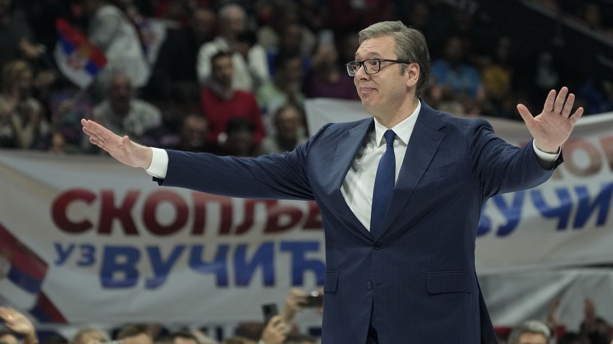 Serbian President Aleksandar Vucic gestures during a pre-election rally of his ruling Serbian Progressive Party in Belgrade, Serbia, Saturday, Dec. 2, 2023.