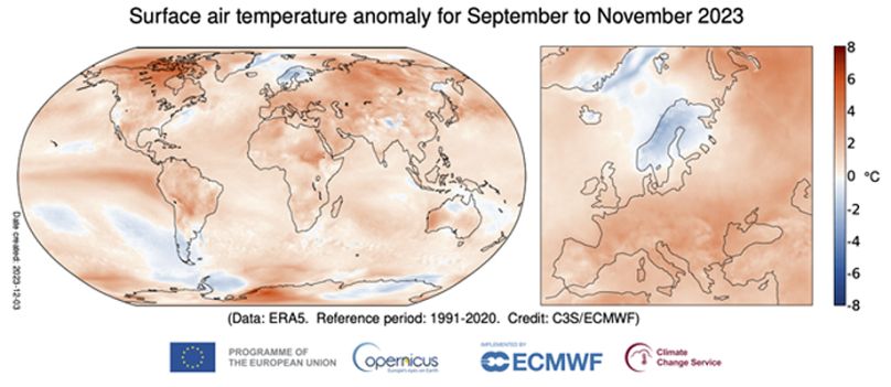 Anomalia temperatury powietrza powierzchniowego w okresie od września do listopada 2023 r