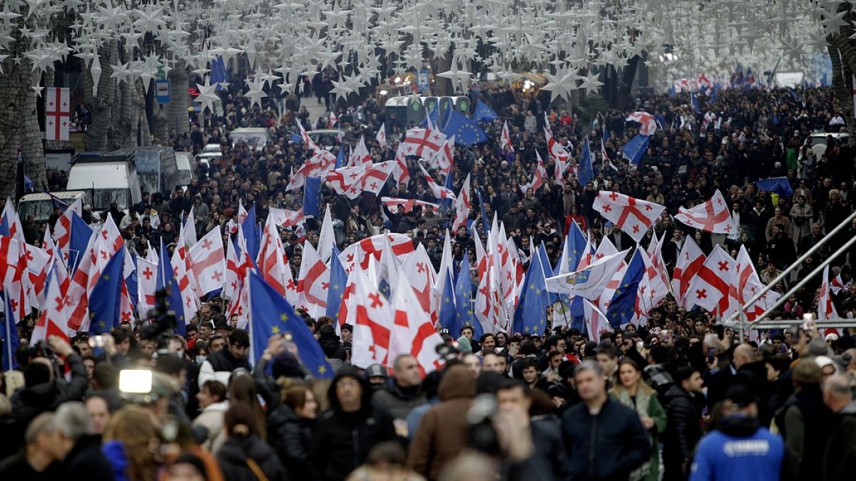 Georgians with EU and national flags gather to celebrate Georgia