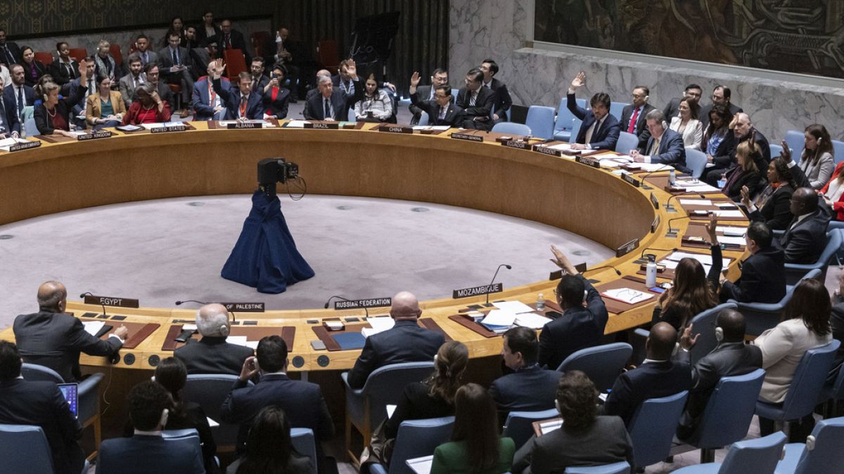 Representatives of member countries take vote during the Security Council meeting at United Nations headquarters, 22 December 2023