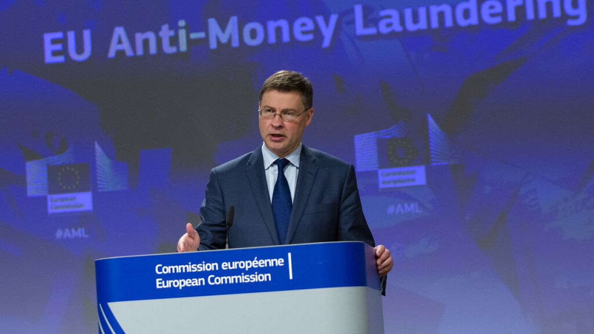 EU Commissioner Valdis Dombrovskis presents an anti-money laundering action plan in May 2020