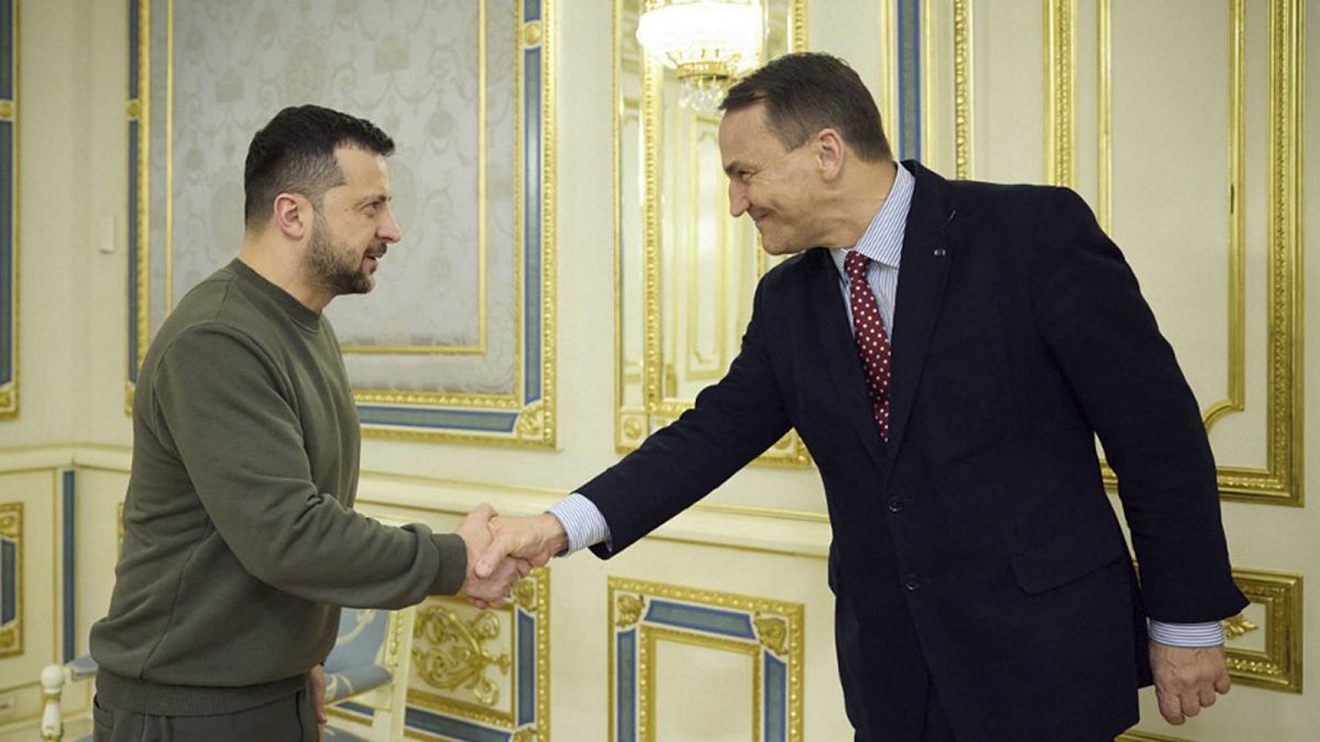Ukrainian President Volodymyr Zelenskyy shakes hands with Poland