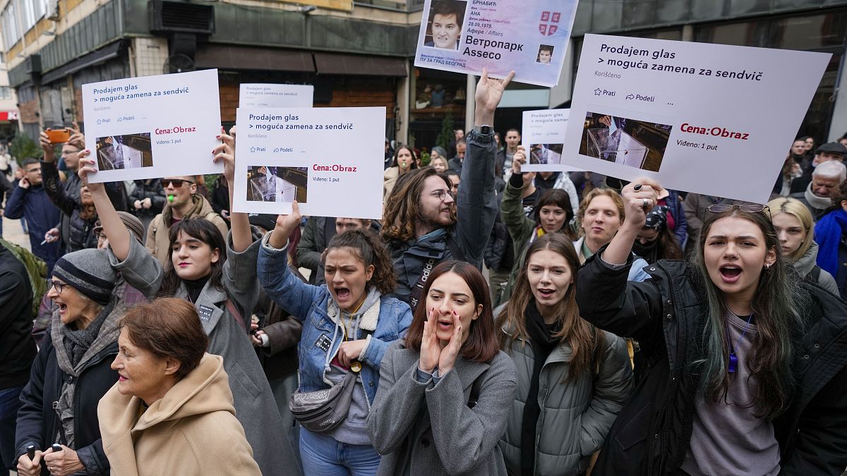 Students shout slogans during university students protest in Belgrade, Serbia, Wednesday, Dec. 27, 2023.