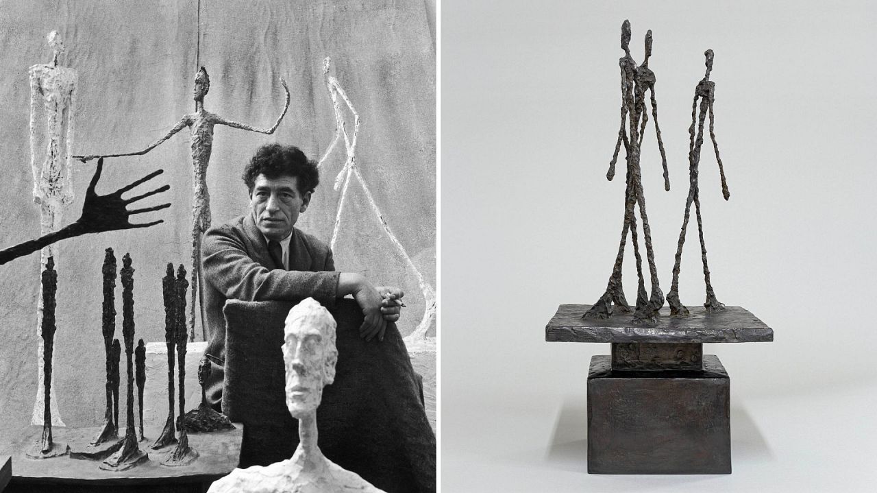 Na zdjęciu Alberto Giacometti po lewej stronie.  Trzej chodzący mężczyźni – Alberto Giacometti na zdjęciu po prawej stronie
