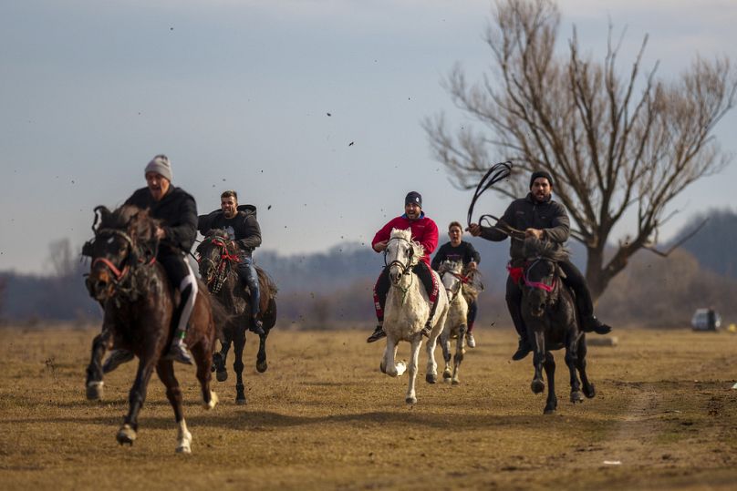 Ludzie rywalizują w wyścigach konnych podczas obchodów Trzech Króli we wsi Pietrosani w Rumunii, sobota, 6 stycznia 2024 r.