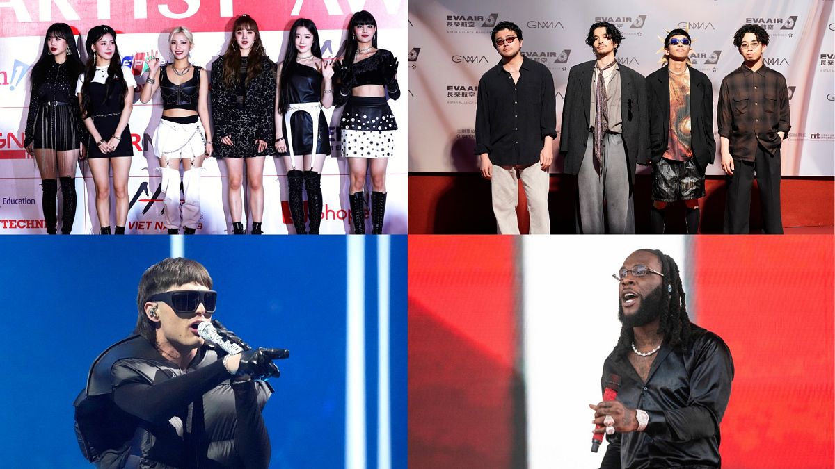 Clockwise from top-left: K-pop group (G)I-DLE, J-Pop group King Gnu, Afrobeats star Burna Boy and Regional Mexican musician Peso Pluma.