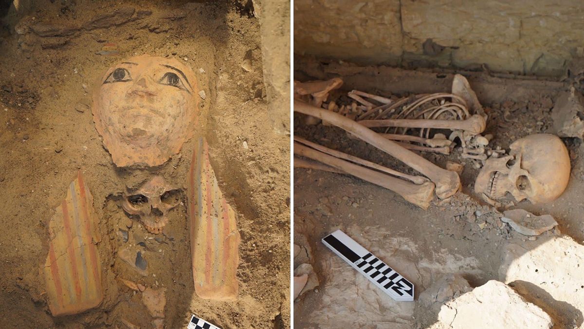 A sarcophagus with a mummy inside, discovered at the Saqqara Necropolis in Memphis, Egypt.