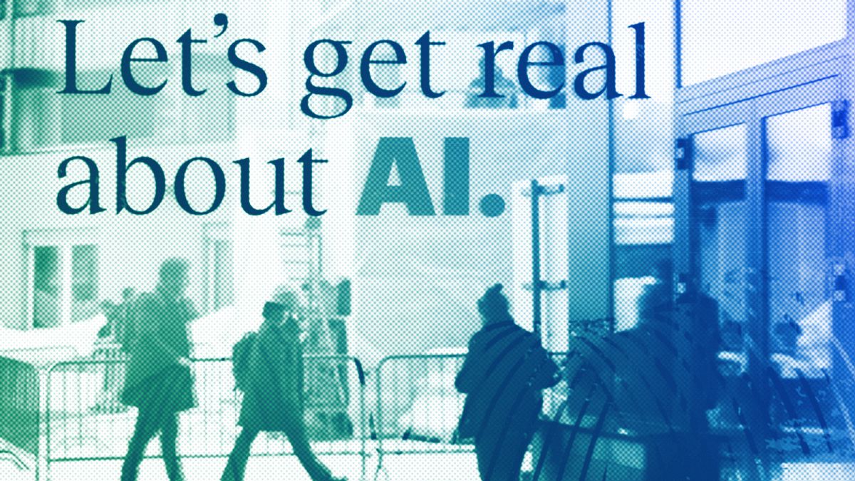 People reflected in a window of a hotel at the Davos Promenade with a slogan about AI alongside the World Economic Forum in Davos, January 2024