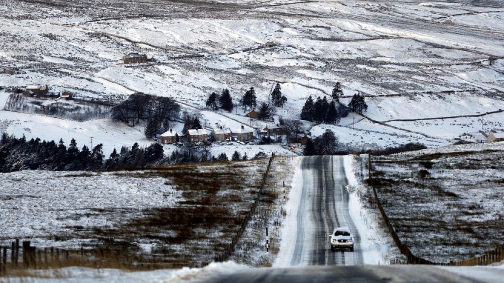 A snow-covered hillside is photographed at Nenthead in Cumbria, England