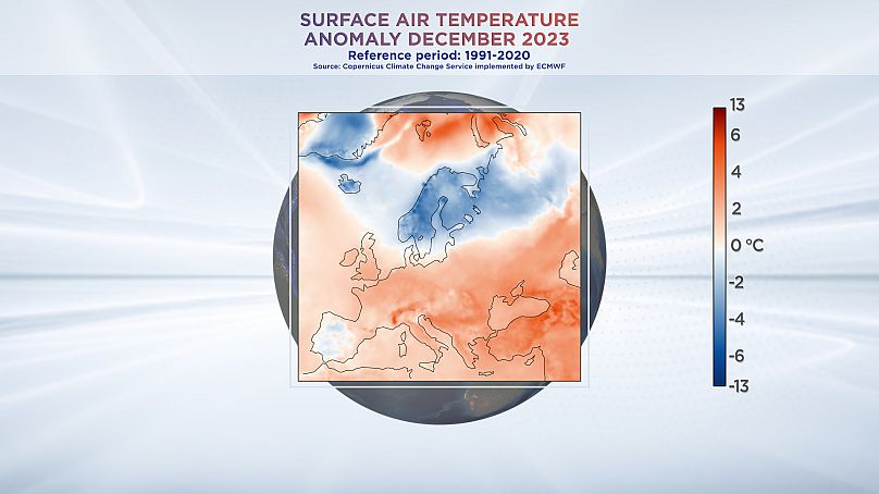 Anomalia temperatury powietrza powierzchniowego z grudnia 2023 r. z usługi Copernicus Climate Change Service