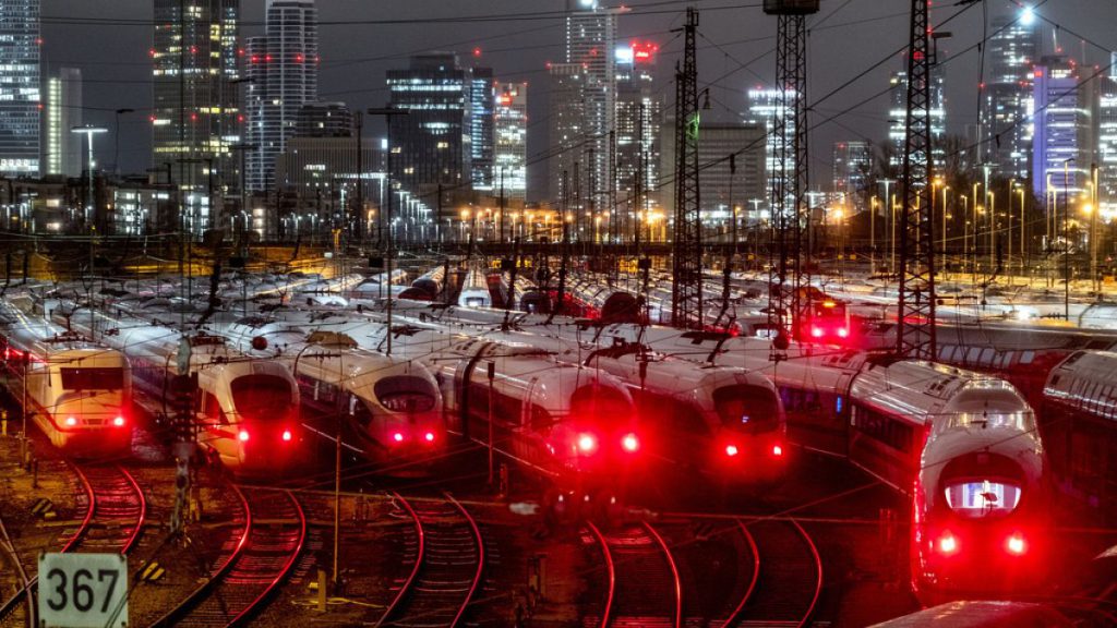 ICE trains parked outside the central station in Frankfurt.