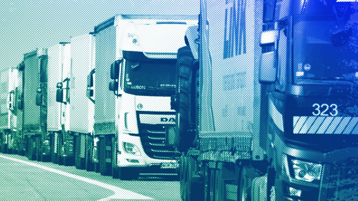 Trucks queue on the A12 highway between Berlin and the Polish border in Frankfurt Oder, March 2020