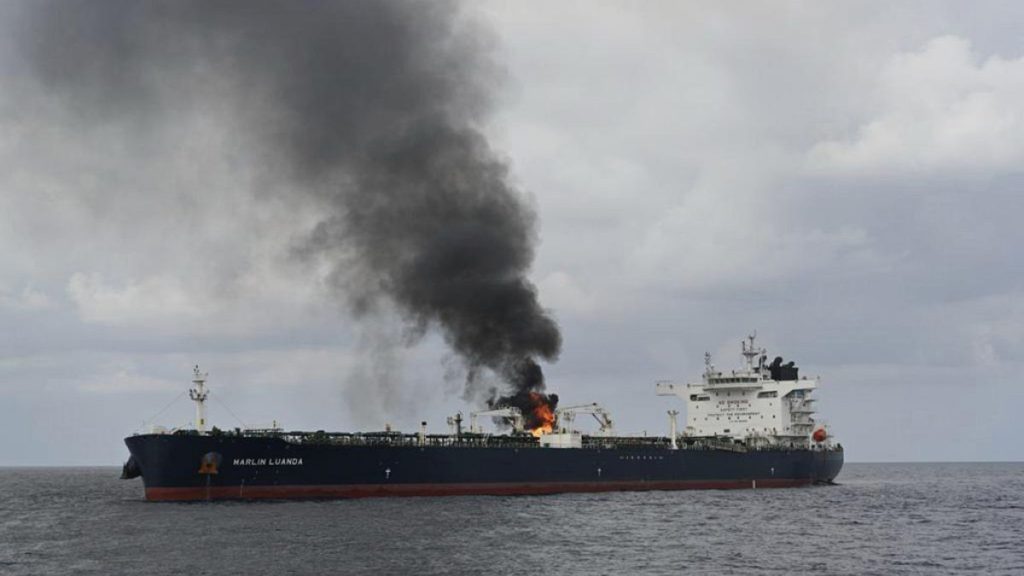 A view of the oil tanker Marlin Luanda on fire after an attack, in the Gulf of Aden