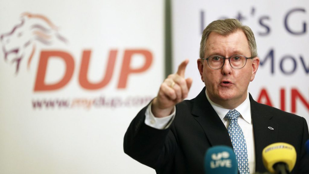 Democratic Unionist Party (DUP) leader Jeffrey Donaldson speaks to the media during a press conference at Hinch Distillery, Temple, Northern Ireland, Tuesday, Jan. 30, 2024.