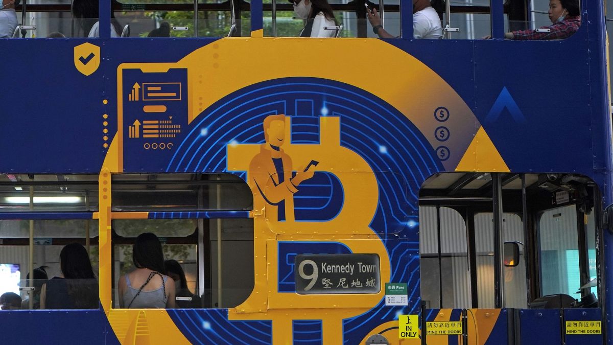 An advertisement for the cryptocurrency Bitcoin displayed on a tram, May 12, 2021, in Hong Kong