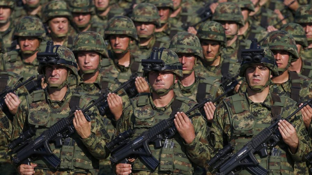 Serbian Army soldiers perform during a military parade at the military airport Batajnica, near Belgrade, Serbia in 2019