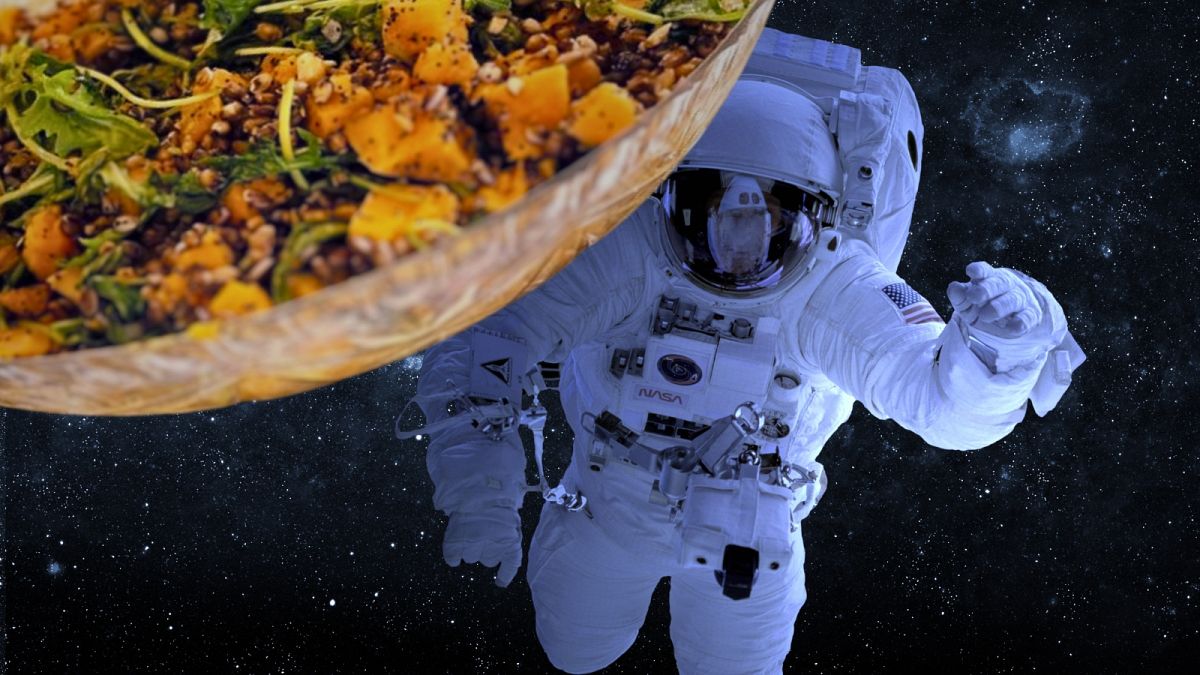 This salad made up of soybeans, poppy seeds, barley, kale, peanuts, sweet potato and sunflower seeds could be the optimal meal for men on long-term space missions.