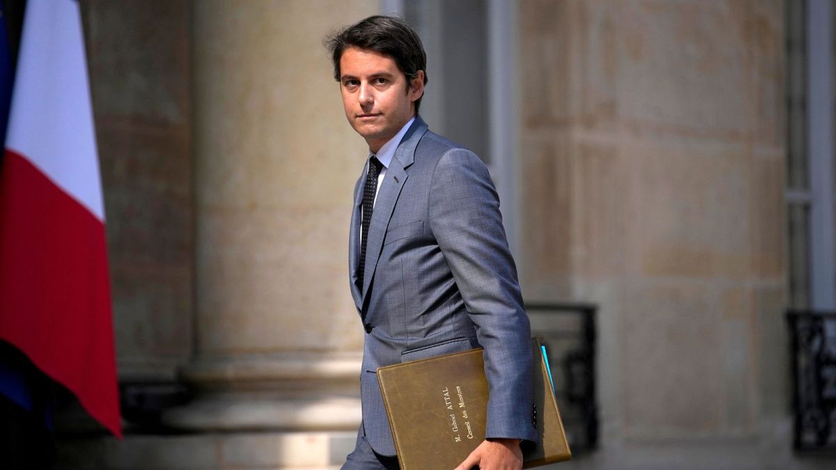 Newly named Education Minister Gabriel Attal arrives to attend the weekly cabinet meeting after a cabinet reshuffle, Friday, July 21, 2023 at the Elysee Palace in Paris.