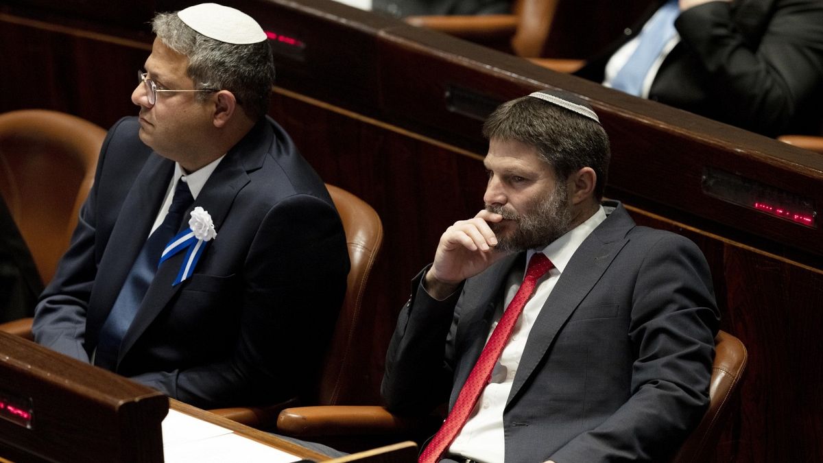 Far-right Israeli lawmakers Itamar Ben Gvir, center, and Bezalel Smotrich