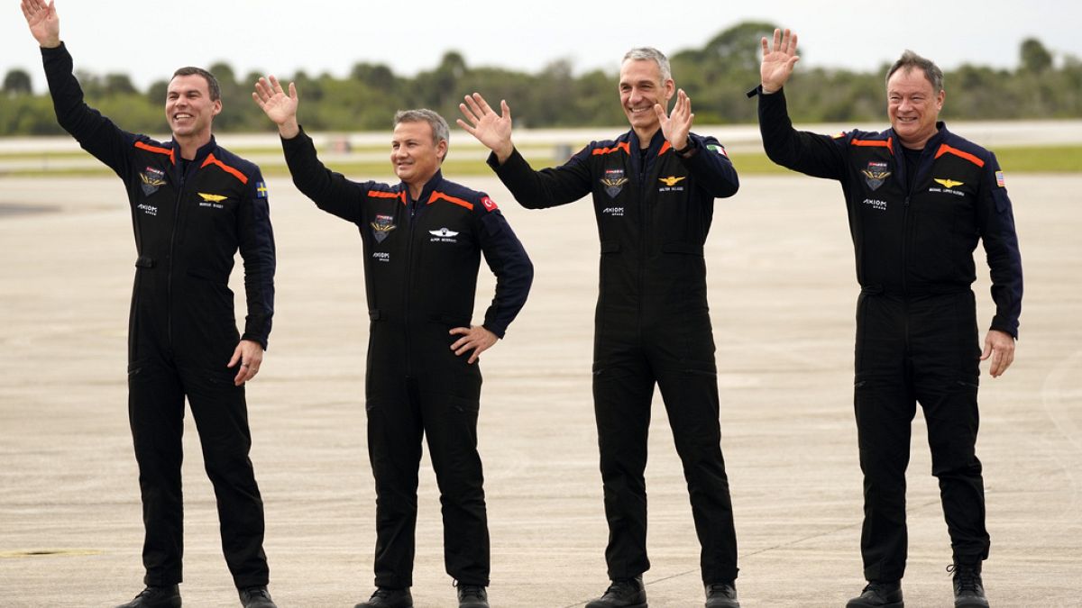 Axiom-3 mission astronauts (L-R) Marcus Wandt, of Sweden, Alper Gezeravci, of Turkey, Walter Villadei, of Italy and Commander Michael Lopez-Alegria pictured on Thursday