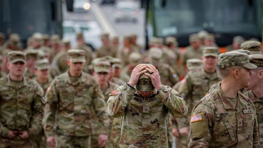 U.S. military personnel arrive for a transfer of authority ceremony from the 101st Airborne Division to the 10th Mountain Division in Bucharest, Romania, on April 5, 2023.