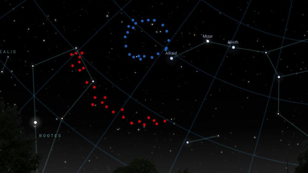 An artistic impression of what the Big Ring (shown in blue) and Giant Arc (shown in red) would look like in the sky.