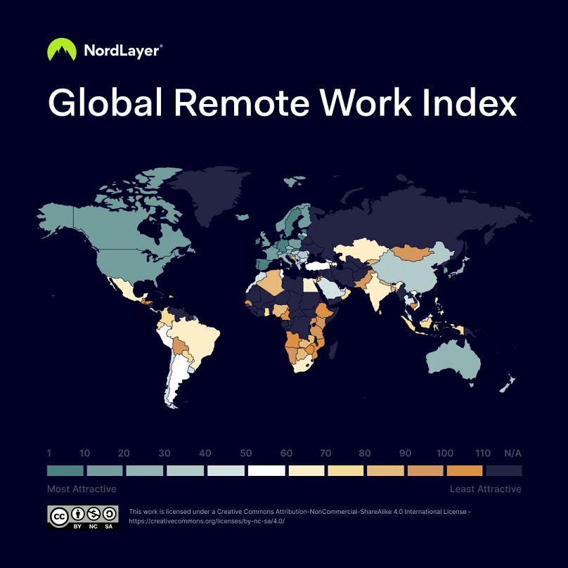 Tak uplasowało się 108 krajów objętych badaniem, zgodnie z danymi przeanalizowanymi na potrzeby Global Remote Work Index 2023.