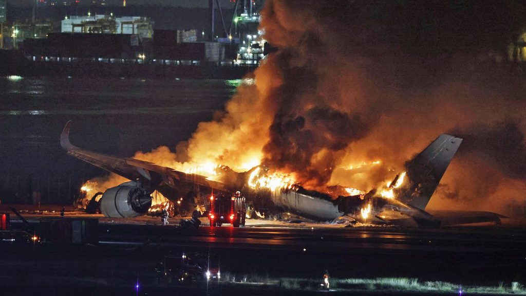 A Japan Airlines plane on fire at Haneda Airport.