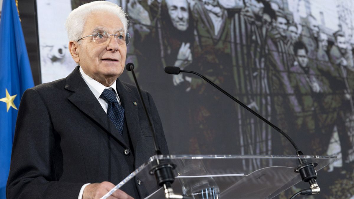 Italian President Sergio Mattarella delivers his speech in Rome Friday, Jan. 26, 2024.