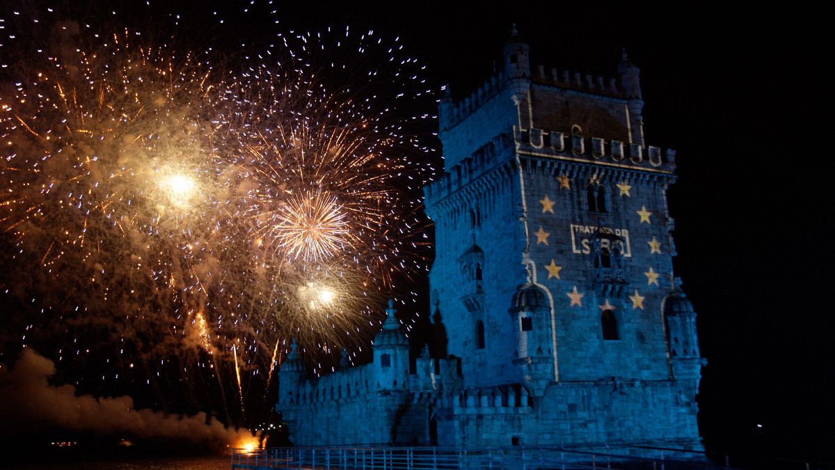 The EU flag is shown on the Belem Tower, Lisbon