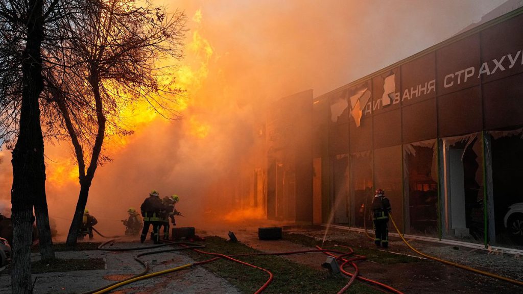 Firefighters work to extinguish a fire in a destroyed building after a Russian attack in Kyiv on January 2nd 2024.