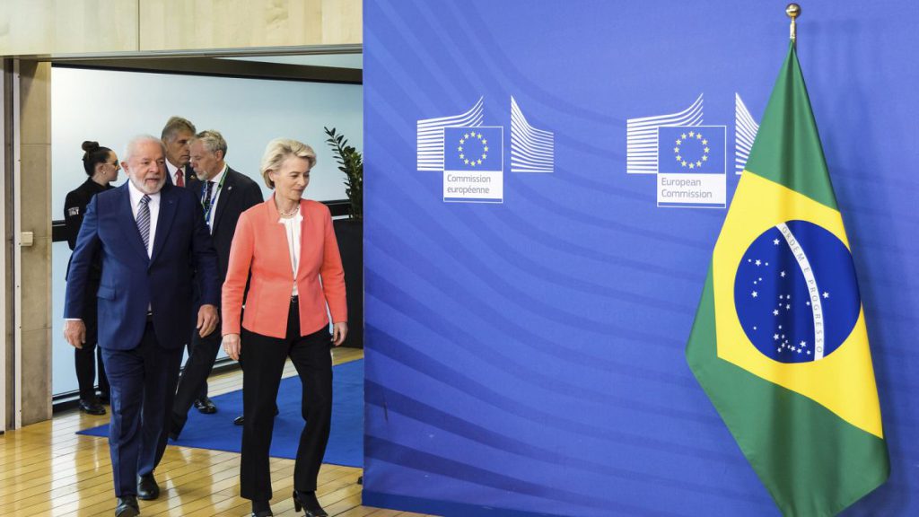 European Commission President Ursula von der Leyen, right, greets Brazil