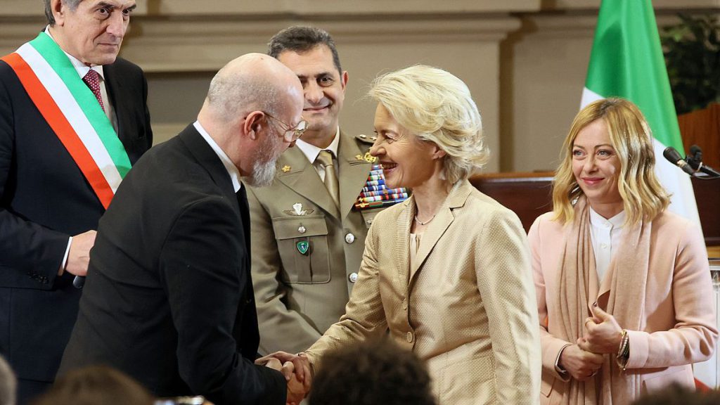 President of the EU Commission Ursula von der Leyen, President of the region of Emilia Romagna Stefano Bonaccini, Italian Premier Giorgia Meloni