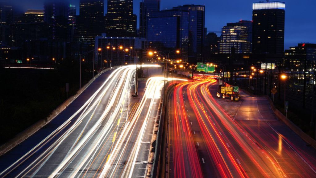 Vehicles move along Interstate 76 ahead in Philadelphia, Nov. 22, 2023.