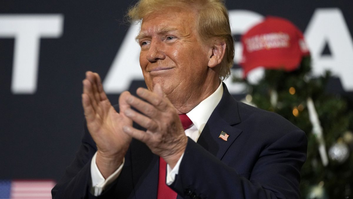 Former President Donald Trump reacts to supporters during a commit to caucus rally, Tuesday, Dec. 19, 2023, in Waterloo, Iowa.