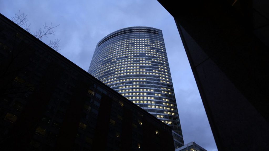 Lights are on at the world headquarters of Goldman Sachs in New York on Jan. 24, 2023.