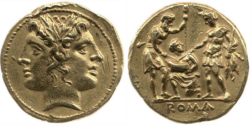 Złota moneta - scena składania przysięgi pomiędzy dwoma żołnierzami