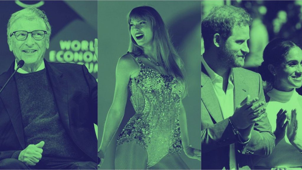 To the left, Microsoft founder Bill Gates; in the middle, US pop star Taylor Swift; and on the right, Harry and Meghan, the Duke and Duchess of Sussex.