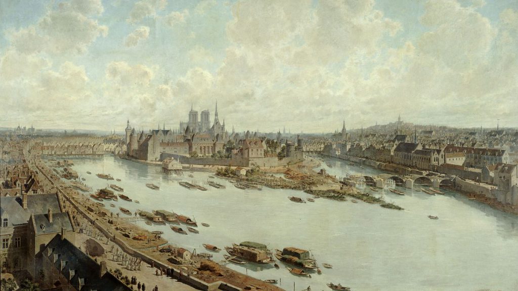 The painting "Panoramic view of Paris in 1588, from the Louvre