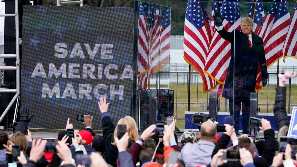 Donald Trump addresses a crowd of supporters before the attack on the US Capitol on 6 January 2021.