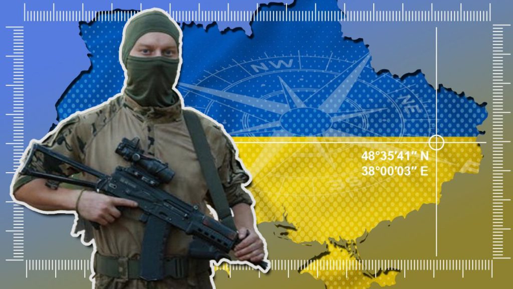 Composite image showing Finnish soldier in Ukraine, with map coordinates in the background